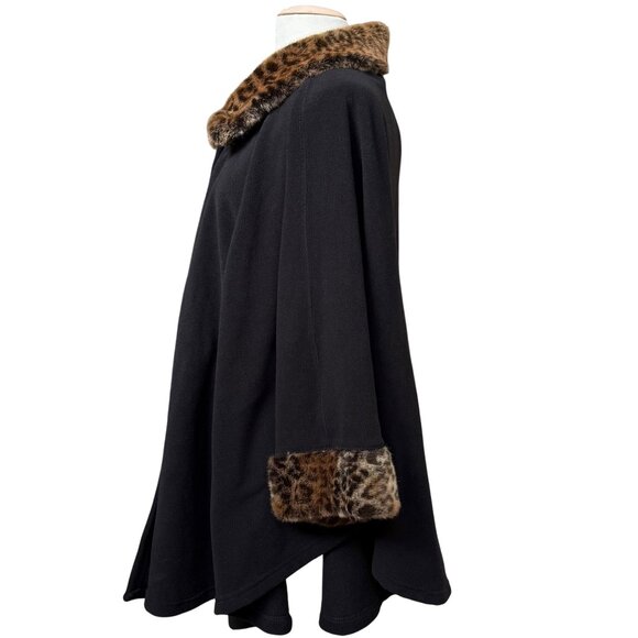 Preston & York Womens Black Cape Poncho Coat Leopard Faux Fur Trim NWT - Picture 4 of 12